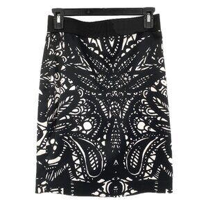 Express 4 Pencil Skirt Black White Paisley Stretch Back Zip Lined Knee Length